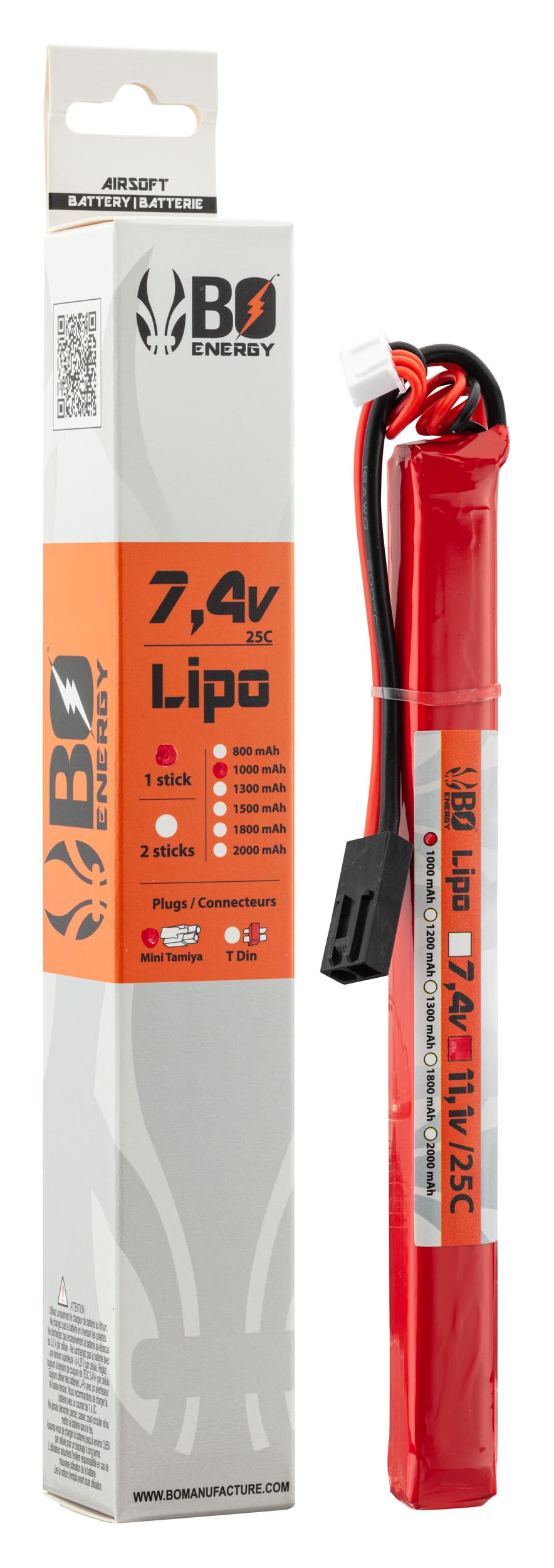 1 stick batterie Lipo 2S 7.4V 1000mAh 25C - 1 stick - 1000mAh 25C - T-Dean - BO Manufacture