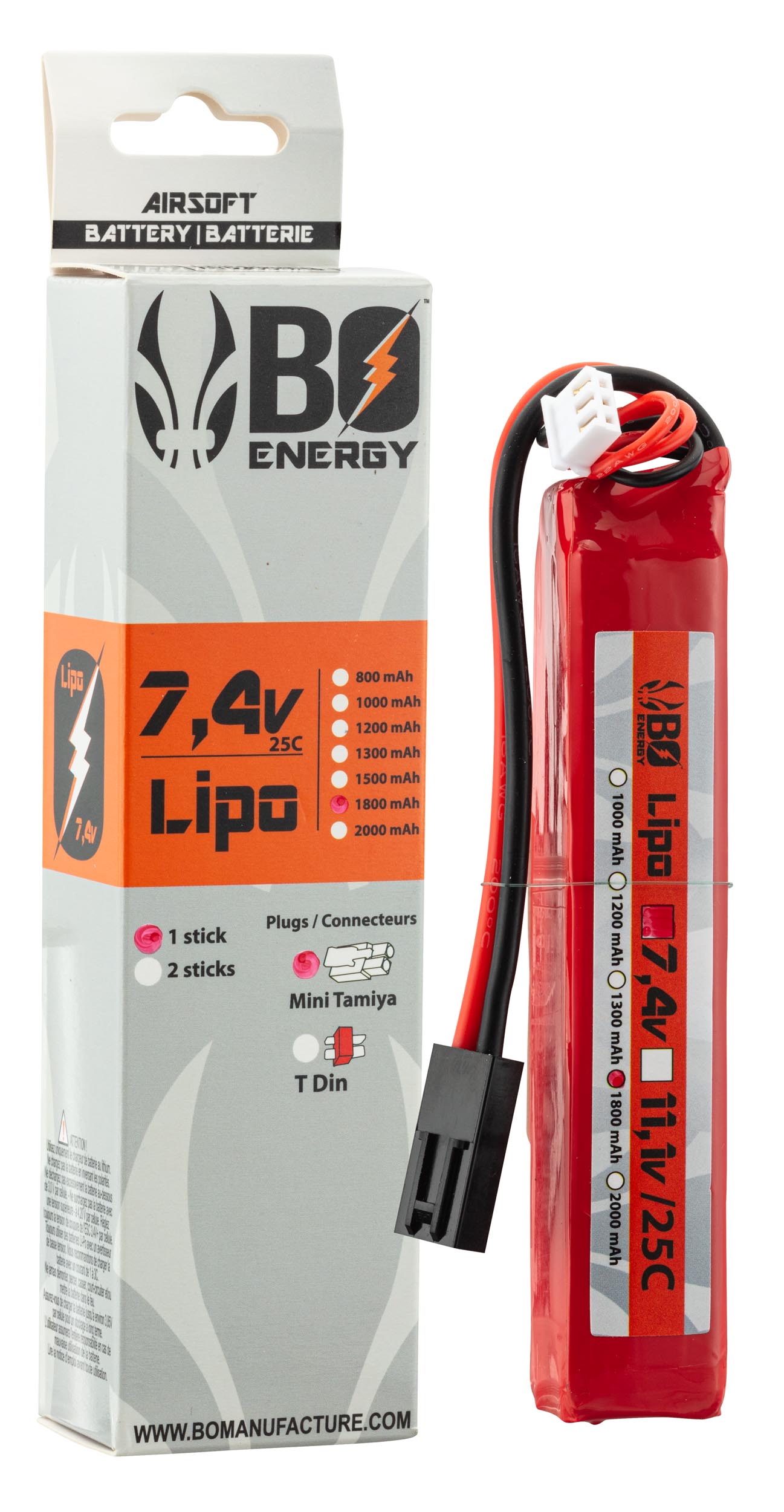 1 stick batterie Lipo 2S 7.4V 1800mAh 25C - 1 stick - 1800mAh 25C - T-Dean - BO Manufacture